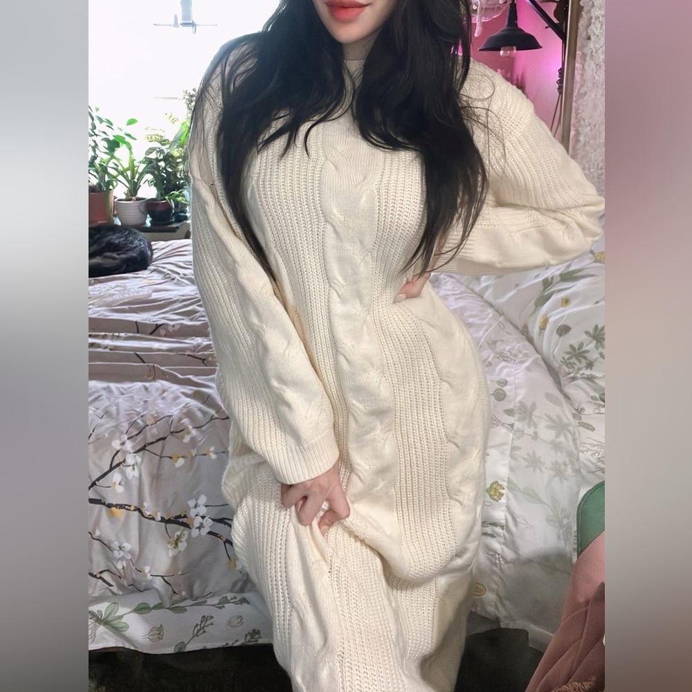 Cozy Cream Cable Knit Sweater Dress